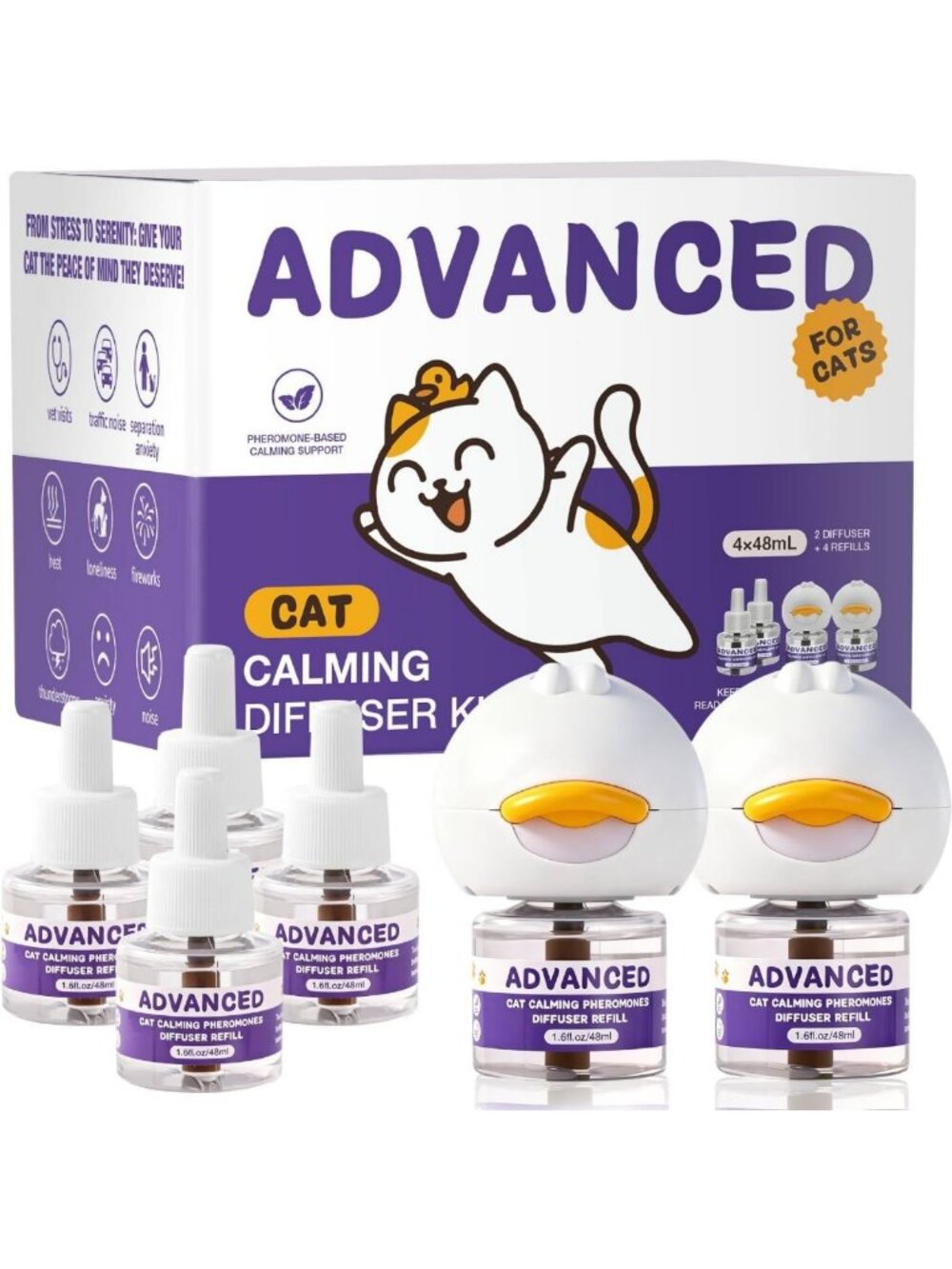 Calming Cat Diffuser Kit - 2 Diffusers & 4 Refills for Anxiety Relief & Stress